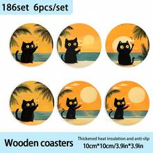 6pcs Cute Black Cat Printed Round Wooden Coasters, Heat-Resistant, Ideal For Beach Lovers And Home Decor, Suitable For Coffee Cups And Beverages, Beach Accessories - Wooden Board-coaster - View 7