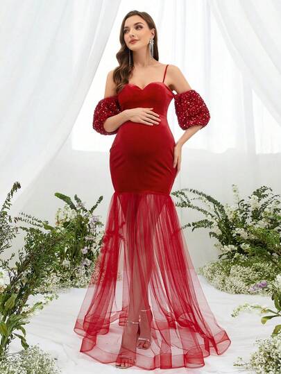 Faeriesty Elegant Maternity Thin Spaghetti Strap Bubble Sleeve Floor-Length Party Gown For Women | Sequined With Shimmering Sparkle (Glittering Accentuation), Velvet Bodice With Bodycon Fit, Tulle/Sheer Mesh Fishtail Hem With High Slit, Prefect For Spring Weddings, Mother's Day Celebrations
