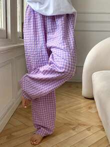 3 piezas Pantalones casuales holgados a cuadros para mujer, de colores caramelo, de cintura alta, de pierna recta, ligeros para verano e invierno - Multicolor - Ver 2