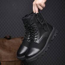 Mens Casual Combat Ankle Boots Lace Up Round Toe Fabric Panels Leather Look Trim Side Buckle Detail Chunky Lug Sole For Outdoor Walking And Streetwear - Black - View 6