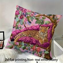 1Pc Luxury Pink Decorative Throw Pillow Cover - 17.7*17.7 Inches, 2D Printed Cheetah & Floral Design Cushion Case, Suitable For Bed, Living Room, Bedroom, Non-Embroidered Decorative Pillow Case, Machine Washable With Zipper, Gifts For Family Friends, Sofa Accessories (No Insert) - Multicolor - View 5