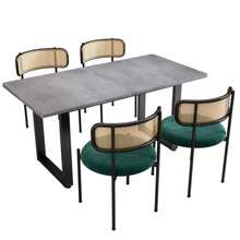 Dining Table And Chair Set, Set Of 5, 4 Velvet Dining Chairs And 1 Rectangular Dining Table, Coffee Table, Rattan Lounge Chairs, Modern And Minimalist, Grey + Green + Black - Grey - View 2