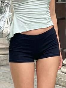 Shorts cortos de mujer de unicolor, con cintura elástica, ajuste ceñido y delgado, shorts de estar en casa - Negro - Ver 4