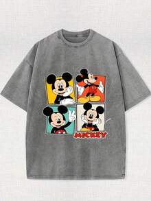 [Authorized] Men's And Women's Pattern Washed T-Shirts, 230g Cotton. Mickey Mouse Collage Shirt, Mickey Mouse Shirt, Retro Mickey Mouse T-Shirt, Mickey Mouse Cute Sweatshirt, Disney T-Shirt - Xám - Xem 1