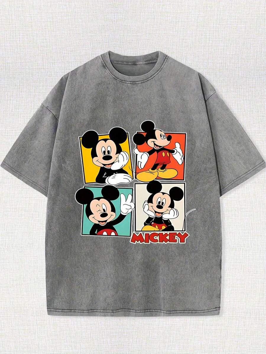 [Authorized] Men's And Women's Pattern Washed T-Shirts, 230g Cotton. Mickey Mouse Collage Shirt, Mickey Mouse Shirt, Retro Mickey Mouse T-Shirt, Mickey Mouse Cute Sweatshirt, Disney T-Shirt - Xám - Xem 1