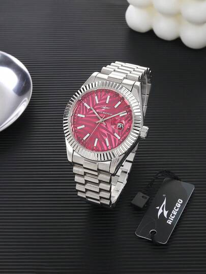 RICECGO 1pc Men's Quartz Watch Distinctive Textured Design For Standout Appeal Premium Stainless Steel Bracelet With Premium Feel Features Date Display Blends Business And Casual Styles With Personalized Infuses Outfits, Cool Energy