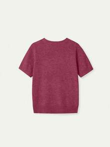New Spring/Summer Women Knit Short Sleeve Top, Casual Minimalist Watermelon Red Solid Color Crew Neck Pullover, Suitable For Daily Wear And Commuting - Plum Red - View 5