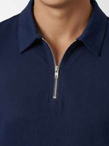 男士复古短袖半拉链 Polo 衫，修身轻薄 T 恤，夏季套装 - 藏蓝色 - 查看 2