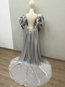 1pc Burgundy Satin Bridal Cape, Luxury Cloak With Puff Sleeves & Long Train, 170cm - Multicolor - View 10