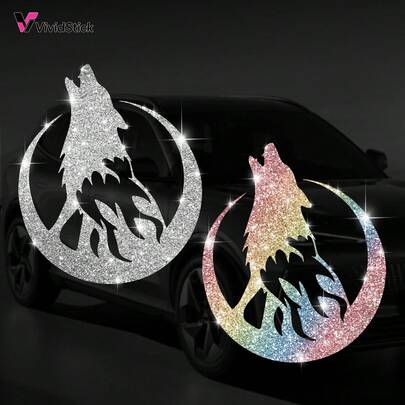 1pc Shimmering Moon And Wolf Car Sticker, Durable And Residue Free Self-Adhesive, Suitable For Vehicles, Motorcycles, Trucks And Window Stickers