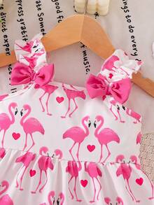 Baby Girl Flamingo Print Sleeveless Dress With Double Ruffle Hem + Bow Shoulder Design, Cute Pink Series, Spring/Summer - Pink - View 3
