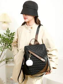 【黑巧克力焦糖格纹双肩包】2026春季新款双肩包、单肩包、手提包，带毛球挂饰，防盗设计，完美适用于办公室、通勤、学校，多功能学院风双肩包、笔记本电脑包、女士包 - A - 查看 3