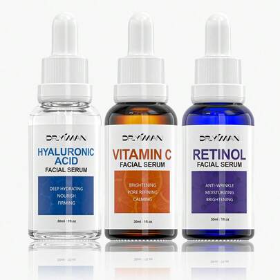 3件套抗衰老面部精华液套装，包含玻尿酸、视黄醇和维生素C精华液，有效抚平皱纹，滋润干燥肌肤，减少细纹。