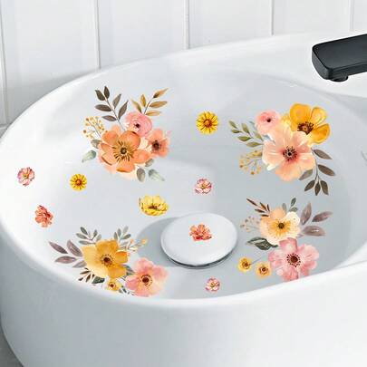 1pc Waterproof Floral Sink Decal, Adhesive-Free No Trace, Essential Bathroom Decor