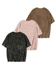 3pcs/Set Summer New Casual Tie-Dye Round Neck Short Sleeve T-Shirt, Fashionable & Versatile Women Tops - Black and Pink and Brown - View 4