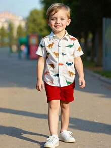 2 Stücke Jungen Dinosaurier Muster Kurzarm Hemd und Shorts Set, bequemer lässiger Sommer Outfit - Rot - Übersicht 2