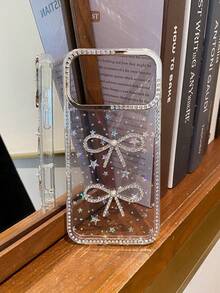 Minimalist Fashionable Star Rhinestone Diamond Bow Phone Case Compatible With IPhone 17 16 15 14 13 12 11 - White - View 6