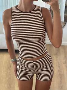 GAOVOT Women's Casual Striped Sleeveless Tank Top And Shorts 2 Piece Set, Slim Fit For Commuting And Outdoor Wear, Summer - màu nâu - Xem 4