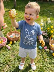 2Pcs Toddler Boy Easter Outfits Infant Baby Summer Clothes Some Bunny Loves You Letter Print Short Sleeve T Shirts And Shorts Set - Blue - View 1