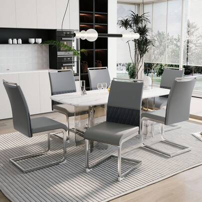 Modern Dining Chairs Set Of 6, PU Faux Leather And Linen, Padded Side Chairs, Kitchen, Dining Room, Office Chairs, Black, Grey.