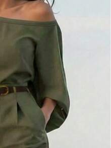 Women's Elegant Military Green 2 Pieces Set, Asymmetrical Top Paired With Suit Pants, Suitable For Everyday Wear, Office, Halloween, Autumn Season - Military Green - View 3