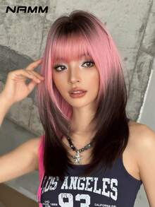 NAMM 20英寸时尚齐肩假发，女士款，深根粉色渐变黑色直发假发，蓬松饱满的机器高密度合成纤维分层假发，适合女孩日常、街头穿搭、音乐节派对摄影等场合，也适合万圣节角色扮演、动漫或服装造型。 - 漸層粉紅色 - 查看 6