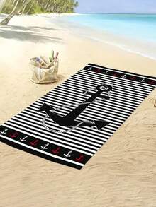 1条时尚简约黑色条纹沙滩巾，印有锚和海洋图案，速干吸水，适合旅行、露营、游泳池、瑜伽、健身、淋浴，必备沙滩度假用品（单面花卉印花，多种颜色可选） - 黑色條紋 - 查看 7