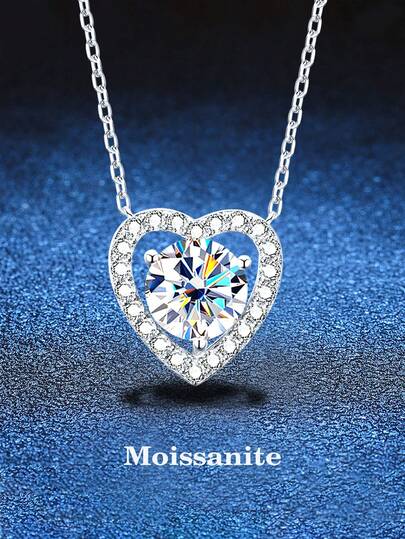 BLOVEMEE 1件奢华925银3.5mm-5.0mm莫桑石心形吊坠项链，女士款，适合日常佩戴、派对、节日、圣诞节、感恩节、生日等场合的珠宝礼物