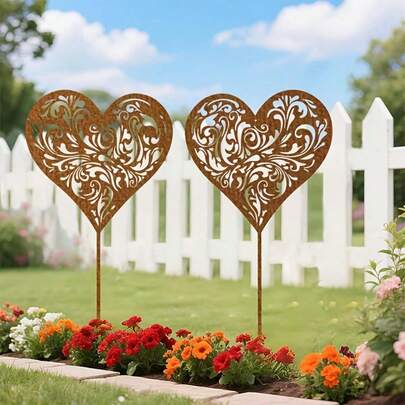 2pcs Rusty Metal Heart Silhouette Stakes - Farmhouse Garden Fence Decor, Iron Outdoor Decoration, Suitable For Wedding, Christmas, Valentine's Day, Thanksgiving, Anniversary - No Electricity Needed, Durable Metal Art - For Backyard And Garden, Garden Decor, Holiday Yard Decor, Decorative Garden Stakes, Weather-Resistant Decor, Outdoor Art, Metal Garden Decor - Farmhouse Style Christmas