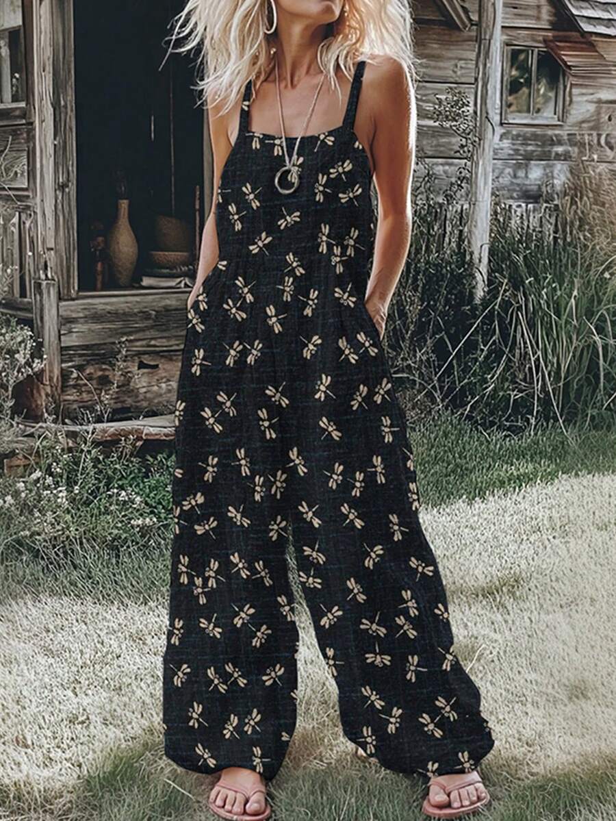2026 Women's New Arrival Black & Beige Dragonfly Print Spaghetti Strap Wide Leg Elastic Waist Bohemian Casual Jumpsuit - 黑色 - 查看 1