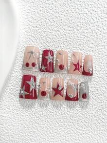 10件套美甲凝胶套装，法式风格，亚克力美甲贴片，手绘不对称红色五芒星，金色和银色五芒星美甲装饰，银色和白色不对称珠子点缀，包含美甲工具（1个果冻贴片+1个指甲锉），3种尺寸：杏仁形、鸭嘴形、棺材形美甲贴片 - 彩色 - 查看 17