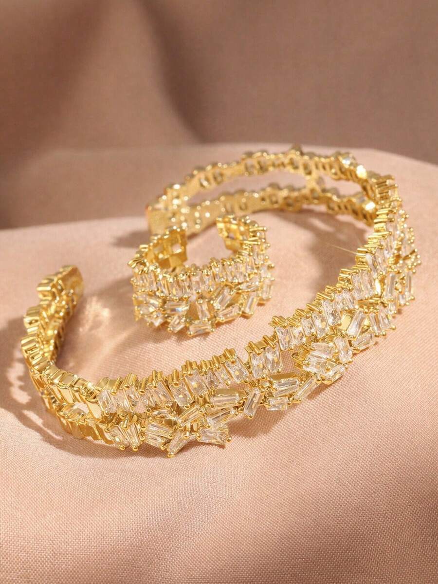 rakol Set de 2 piezas de anillo y pulsera con decoración asimétrica de circonita cúbica de moda - Dorado - Ver 1