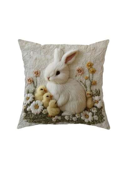 1/2/4pcs Easter Bunny Pillowcase- Soft Polyester Material, Non-Real Embroidery, Zippered, Machine Washable- Charming White Bunny And Chick Pattern With Floral Decoration- Perfect For Sofa Or Bedroom Decoration