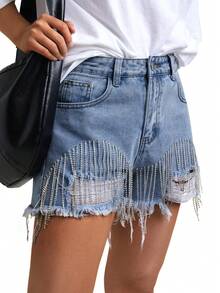 Summer Womens Rhinestones Fringe Shorts Baggy Jorts Mid-Low Rise Ripped Denim Diamond Trim Hot Short - 藍色 - 查看 3