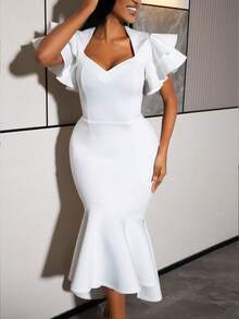 Vestido elegante y noble blanco ajustado con bajo de sirena para mujer AOMEI, escote en forma de corazón, mangas cortas con volantes, elegante para fiesta, invitada de boda, aniversario de boda, vestido de verano - Blanco - Ver 3