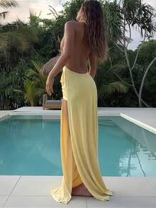 Sunshine Yellow Evening Gown, Fashionable Neck-Revealing Backless Deep V-Neck Sexy Slit Floor-Length Dress For Women, Glamoratti Aesthetic De Skirt - Màu vàng - Xem 4