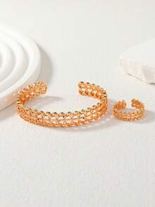 两件套玫瑰金镀层镂空编织手链戒指首饰套装，可调节开口设计，日常叠戴，理想的斋月礼物 - 金黃色 - 查看 4