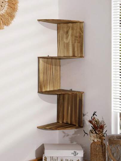 1 stuk ruimtebesparende hoekwandplank in natuurlijke kleur, minimalistische verticale opberg- en display-organizer, moderne woondecoratie, zigzag gelaagd ontwerp, open plankstructuur, gladde randafwerking, opbergoplossing met meerdere niveaus voor keukenorganisatie, badkameraanrecht, woonkamerwanddecoratie, slaapkamerdecoratie, hal, hoek, appartement, kantoor, kleine ruimte, thuisorganisatie