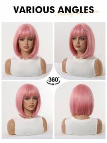 12-calowa krótka, falowana peruka syntetyczna dla kobiet, krótkie, proste włosy, odpowiednia na co dzień, święta, podróże, Halloween, Boże Narodzenie, Nowy Rok, karnawał, festiwal muzyczny, cosplay, idealna na prezenty dla dziewczyn, letnie prezenty na ukończenie szkoły, gotowe prezenty, prezenty na Halloween i Boże Narodzenie - Różowy - Zobacz 7