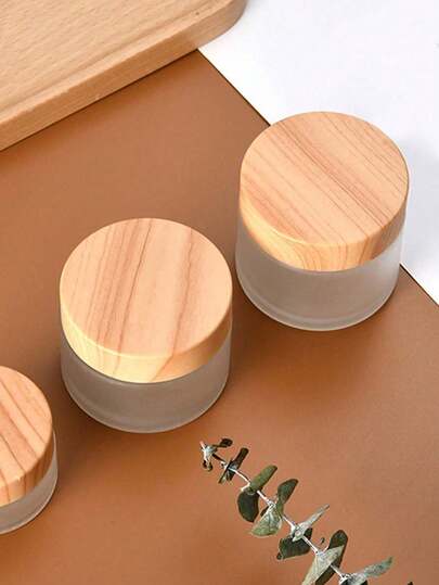 1pc 5g Frosted Glass Skin Care Eye Cream Jar With Wood Grain Cover, Reusable Bottle, Living Room, Family, Bedroom, Bathroom, House Decoration, Face Cream, Eye Cream, Lotion, Cosmetics Bottle, Travel Container, Portable Storage