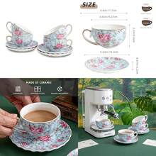 Tea Cup And Saucers 6.4oz Floral Tea Cups With Gold Trim Porcelain Teacup Coffee Cappuccino Espresso Latte Mugs For Party Birthday Party Cafe Home Christmas Gift Blue - 鳶尾花 - 藍色 - 查看 8