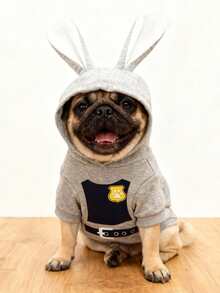 LUCKIE LABO 1pc Animal Rabbit Officer Costume Hoodie Sweatshirt, Fashionable Pet Apparel Suitable For Small Dogs And Cats, Indoor And Outdoor Wear - Grey - View 4