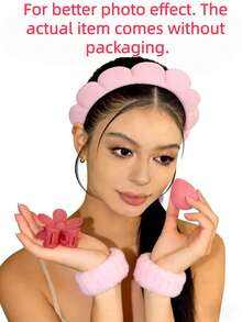 5pcs Women Sponge SPA Headband, Wristband Set With Large Flower Hair Clip, Hair Accessories Suit, Suitable For Party Gifts And Daily Use (For Better Photo Effect. The Actual Item Comes Without Packaging.) - Multicolor - View 6