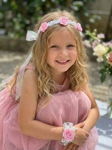 2pcs/Set Pink Rose Flower Crown + Flower Bracelet Set, For Girls, Ice & Snow Themed Wedding, Bridal, Party, Photo Booth Props, Wedding Decor, Flower Crown, Wrist Flower, Valentine's Day Gift, Parent-Child - Pink - View 5