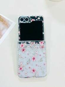 1 Pc Fashionable And Simple PC Material Three Pieces Set With Flower Element Folding Phone Case, Which Can Protect And Prevent Falling: SamsungGalaxy Zflip 3/Zflip 4/Zflip 5/Zflip 6/Zflip 7/Galaxy Z Flip7 FE - Clear - View 1