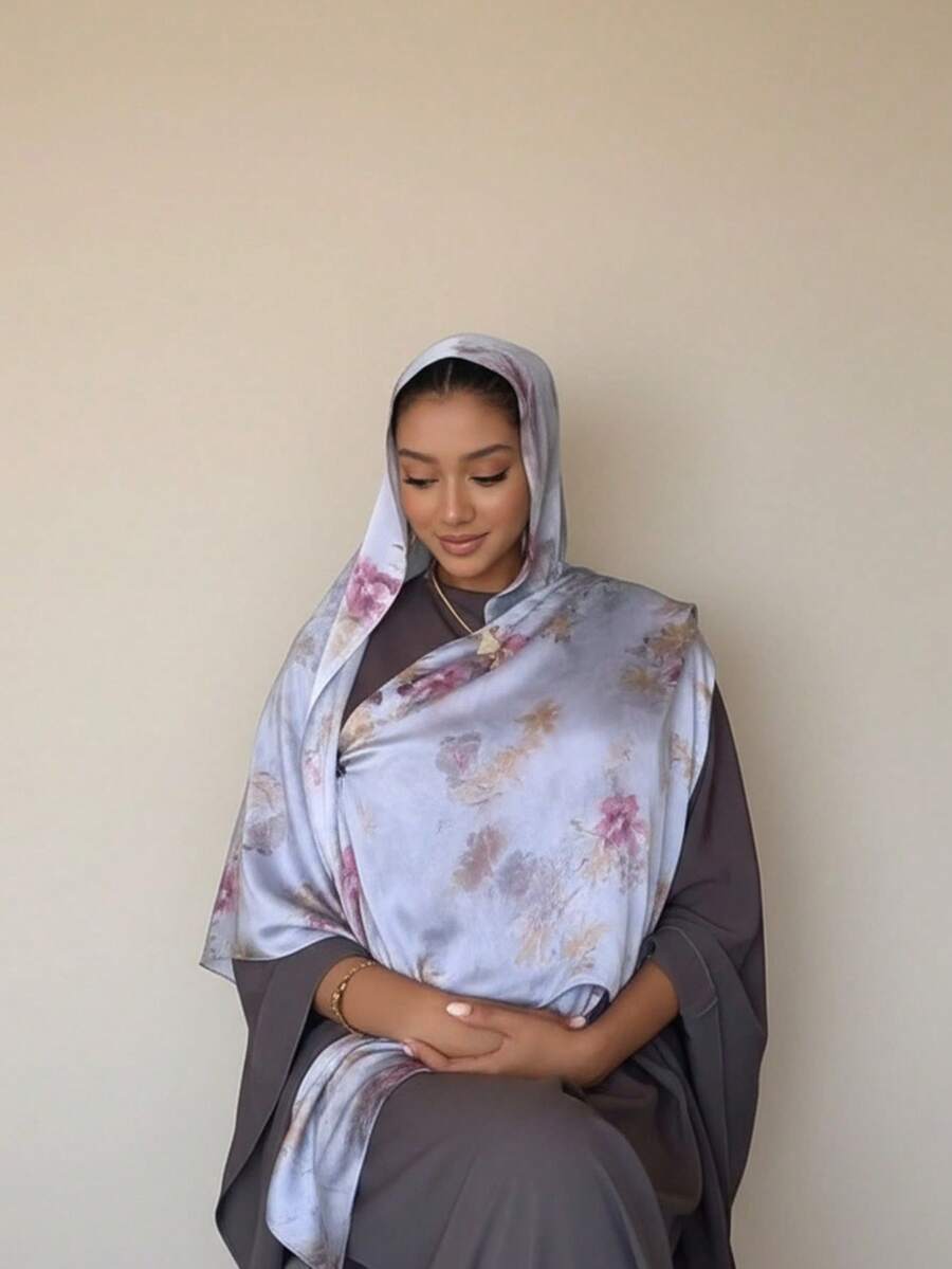 1 Pieza Chal largo con sensación de seda estampado, Hijab premium de mujer musulmana con estampado de mármol degradado y efecto de agua, Elegante pañuelo de cabeza - multicolores 7 - Ver 1
