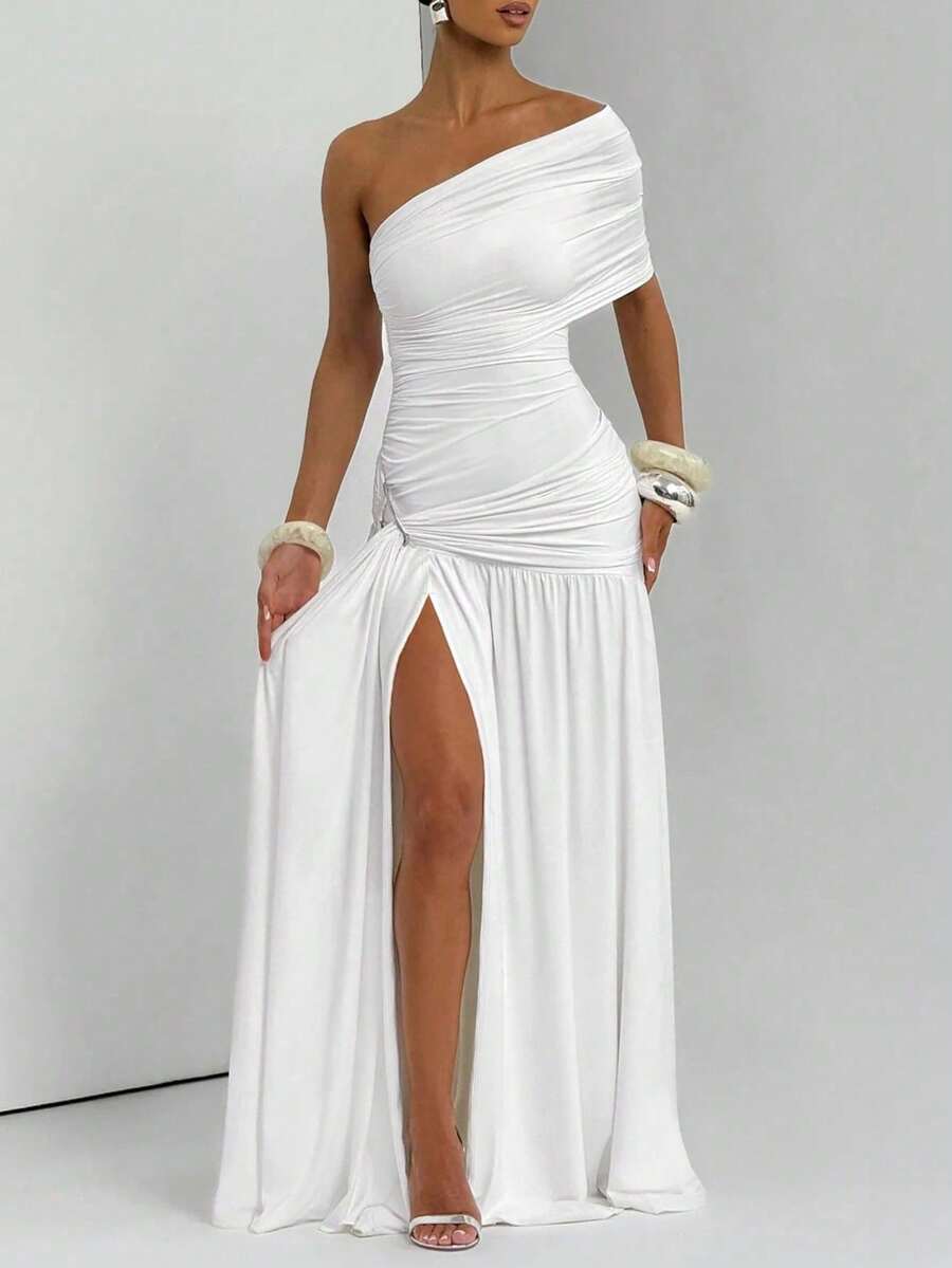 Elegant Women's Burgundy Bodycon Cocktail Dress With Stand Collar Asymmetrical Draped And Ruched Details Long Pencil Hem Medium Stretch Fabric Formal Wear - 白色 - 查看 1