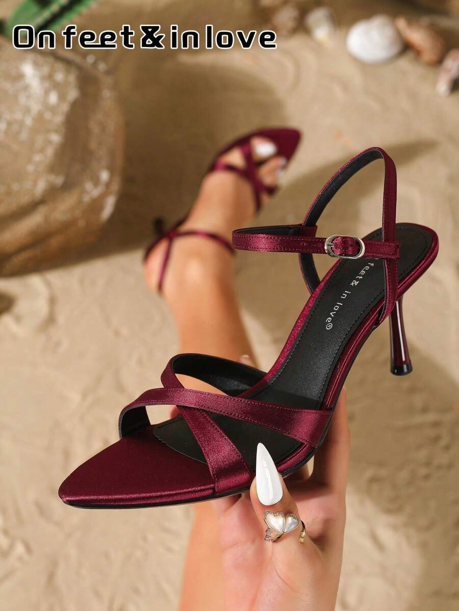 On feet& in love Women's Fashionable Elegant Pointed Toe Thin High Heel Sandals With Criss-Cross Strap Open Toe High Heels, Suitable For Dresses In Summer - Burgundy - View 1
