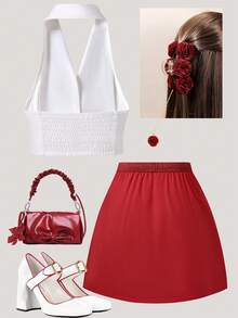 2pcs/Set Girls' Elegant Pearl Button Halter Top And 3D Rose Skirt Set, Spring/Summer - Red - View 2
