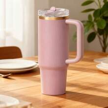 STANLEYO 40oz Stylish Matte Pink Insulated Tumbler With Gold Accent – Double-Wall Stainless Steel Cup With Handle, Flip-Top Lid, Leak-Proof Reusable For Coffee, Tea & Smoothies | Ideal Holiday Gift For Family & Friends - Hồng - Xem 2